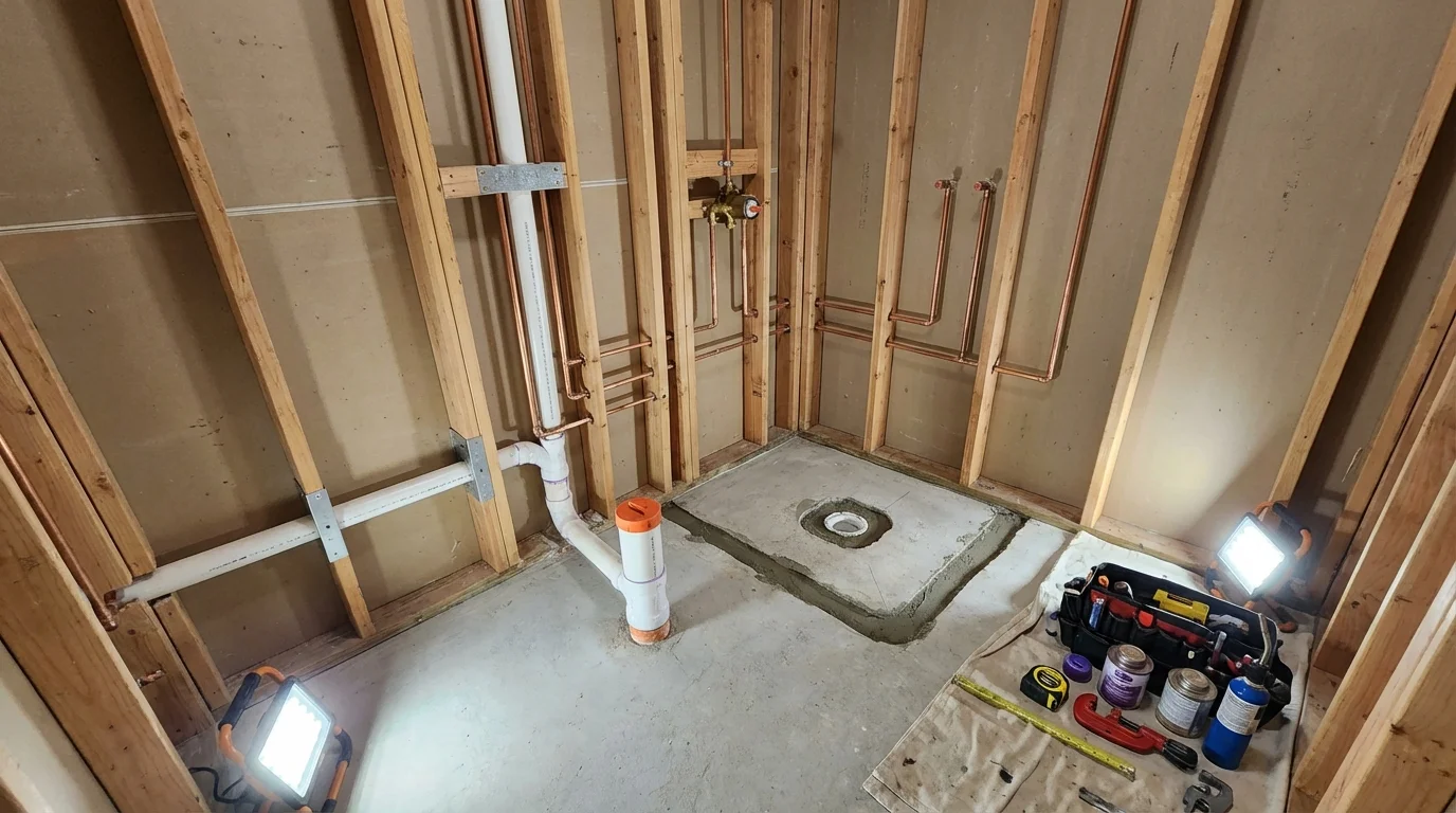 Bathroom rough-in plumbing during remodel by Johns Plumbing LLC in Cedar Hill